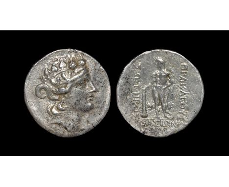 120-70 BC. Obv: head of Dionysos right, wreathed with ivy. Rev: HRAKLEOUS SWTHROS QASIWN, to left, right and beneath Herakles