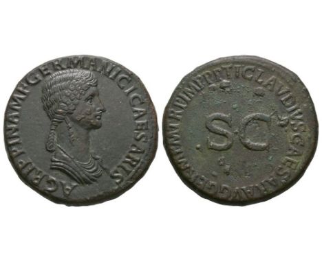 50-54 AD. Rome mint. Obv: AGRIPPINA M F GERMANICI CAESARIS legend with bare-headed, draped bust right, hair in long plait, Re