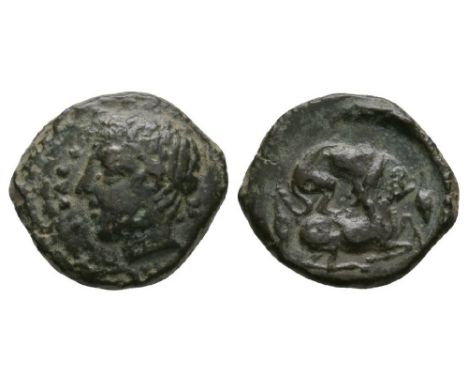 425-420 BC. Obv: P-I-A-K legend combined with value mark of three dots to left of laureate and horned head of youthful riverg