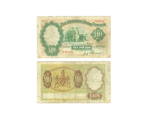Dated 2 May 1949 AD. 1942 issue, serial number A39353. Obv: Hibernia seated, green and light brown. Rev: arms, brown and ligh
