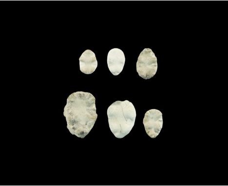 Mississippian culture, 8th-15th century AD. A group of six buffalo calling stones of various sizes deposited in a cache by na
