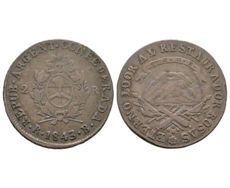 Dated 1843 AD. Obv: arms within wreath with 2 - R at sides with REPUB ARGENT CONFEDERADA legend with date between R - B below