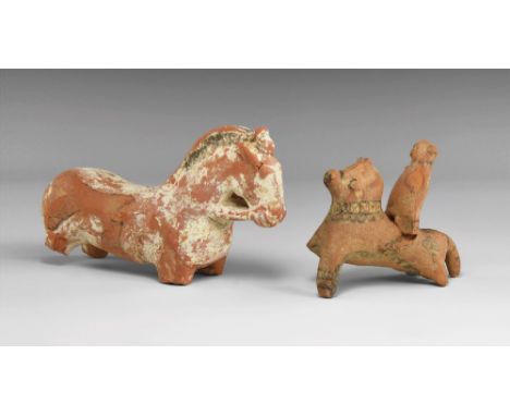 6th-5th century BC. A ceramic group consisting of a horse with bridle and reigns, painted black decoration on the mane and al