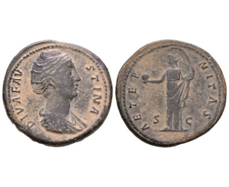 After 147 AD. Rome mint. Obv: DIVA FAVSTINA legend with bust right. Rev: AETERNITAS legend with Providentia standing laft, ho