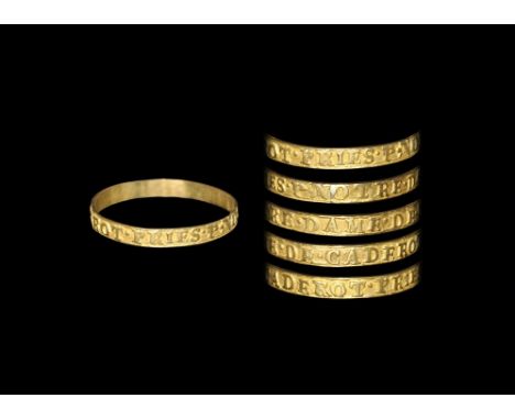 17th-18th century AD. A gold ring inscribed on the outside PRIES. P. NOTRE. DAME. DE. CADEROT in Roman capitals. 0.54 grams, 