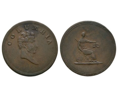 1820-1830 AD. Obv: profile bust with COLUMBIA legend. Rev: Justice, holding scales and sword. 2.85 grams. Davis -; Bell -; se