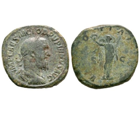 238 AD. Rome mint. Obv: IMP CAES M CLOD PVPIENVS AVG legend with laureate bust right. Rev: VICTORIA AVGG legend with Victory 