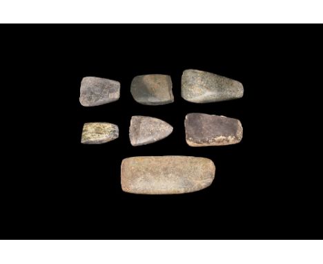 Neolithic, 5th-3rd millennium BC. A group of seven polished stone axeheads, carved from flint and fine-grained igneous rocks.