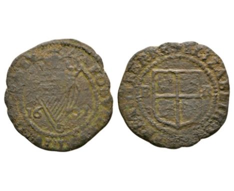 Dated 1602 AD. Third coinage. Obv: arms with initials E - R at sides with ELIZABETH [ ] legend and uncertain mintmark. Rev: c