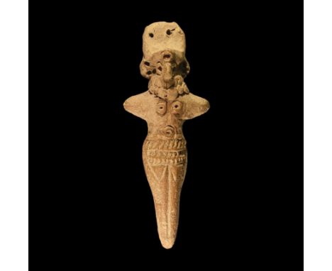 3rd-2nd millennium BC. A ceramic female figure with large headdress pierced at the top and sides, prominent nose and round ey