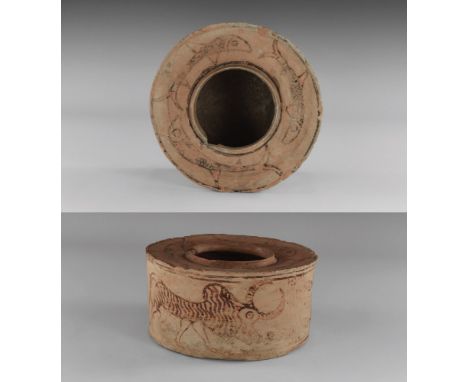 4th-3rd millennium BC. A ceramic flat bottomed jar with sharp edge shoulders and small rim, decorated in brown pigment with f