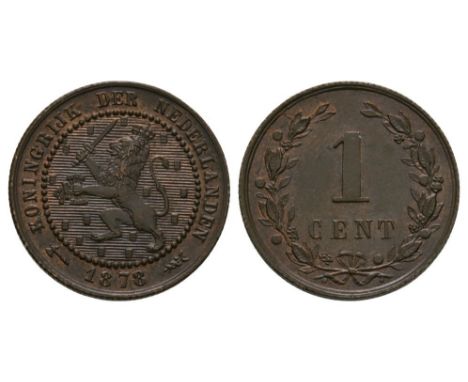 Dated 1878 AD. Obv: lion with KONINGRIJK DER NEDERLANDEN legend and date with 'axe' and 'cadeceus' mintmarks. Rev: large 1 ov