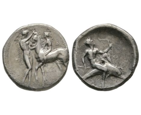281-272 BC. Obv: naked youth on horse walking left, being received and crowned by a naked male standing right; sideways T in 
