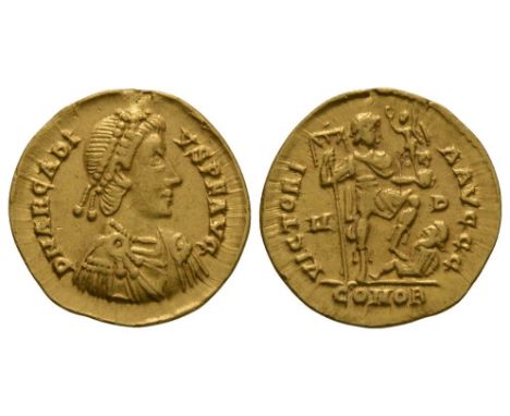 402-403 AD. Milan mint. Obv: DN ARCADIVS P F AVG legend with diademed, draped and cuirassed bust right. Rev: VICTORIA AVGGG l