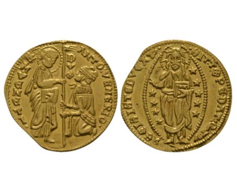 1382-1400 AD. Obv: St Mark and doge holding standard with DVX vertically with ANTO VENERIO and S M VENETI legends. Rev: Chris