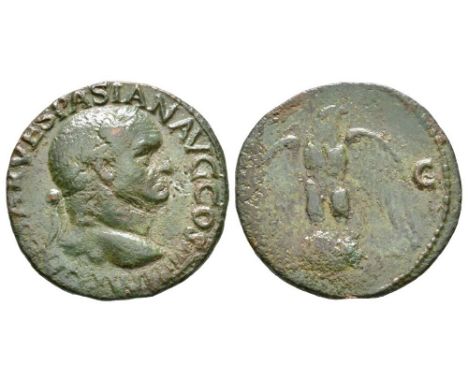 72-73 AD. Lyons mint. Obv: IMP CAESAR VESPASIAN AVG COS IIII legend with laureate head right. Rev: S-C across fields, eagle s