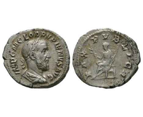 238 AD. Rome mint. Obv: IMP C M CLOD PVPIENVS AVG legend with laureate, draped and cuirassed bust right. Rev: PAX PVBLIVA leg