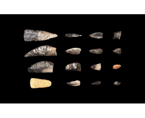 Neolithic, 5th-3rd millennium BC. A mixed group comprising: two knapped flint sickles, snapped at butt, with wear polish to c