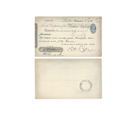 5 November 1931 AD. Transfer cheque, serial number 056876. Obv: printed, black, with embossed blue 'TWO PENCE' duty stamp dat