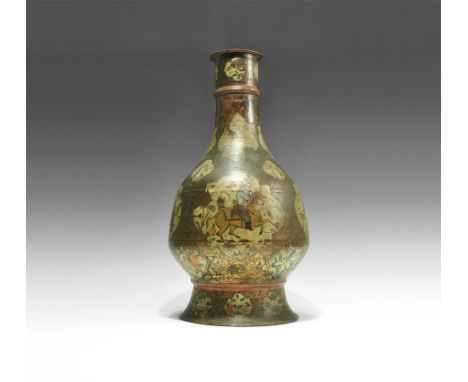 Early 19th century AD.
A tall bronze piriform jar with flared base, collar to the neck, everted rim; the surface painted with