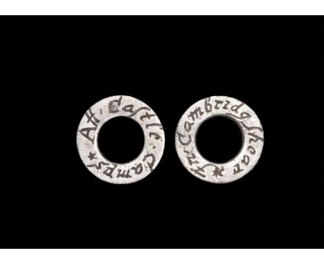 16th-17th century AD. A small silver annular hunting vervel, inscribed to both faces in a loose italic hand '*Att Castle.Camp