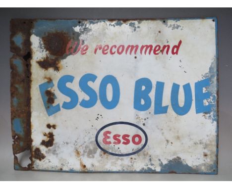 A VINTAGE DOUBLE SIDED ENAMEL ADVERTISING SIGN FOR ESSO - 'WE RECOMMEND ESSO BLUE', approximately 61 x 46 cm