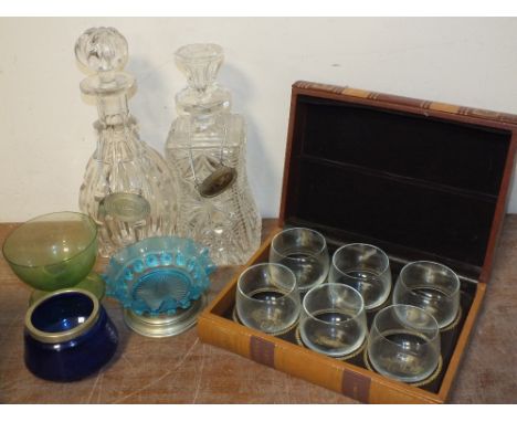 TWO TRAYS OF ASSORTED GLASSWARE, to include decanters, Bristol blue glass, boxed set of vintage cars glasses etc. (Qty)