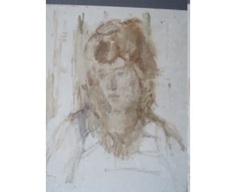 MAURICE FEILD (1905-1988). An unfinished head and shoulder portrait of a young woman. Unsigned, mixed media on canvas, unfram
