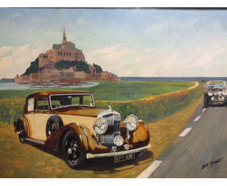 RAM FREMONGER (?) (XX). Two vintage Bentley motor cars, with St Michaels Mount in the background, oils on canvas, signed lowe