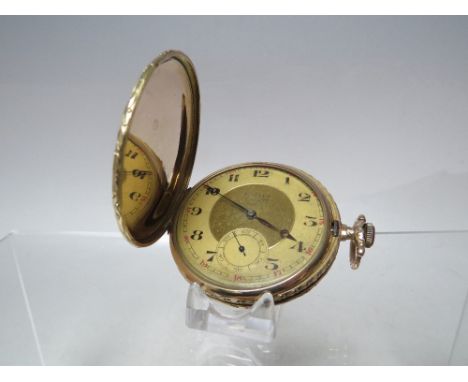 A CONTINENTAL 14K GOLD CASED MANUAL WIND FULL HUNTER POCKET WATCH BY PERRET &amp; FILS - BRENETSCondition Report:Having repla