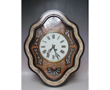 A FRENCH VINEYARD CLOCK, with ovoid case, mother of pearl inlays and glass dial striking on a coiled gong, H 61 cm