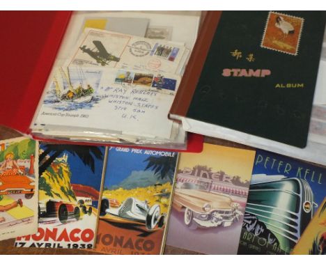 A COLLECTION OF MOTORING RELATED POSTCARDS, together with a selection of first day covers - some with signatures and a select