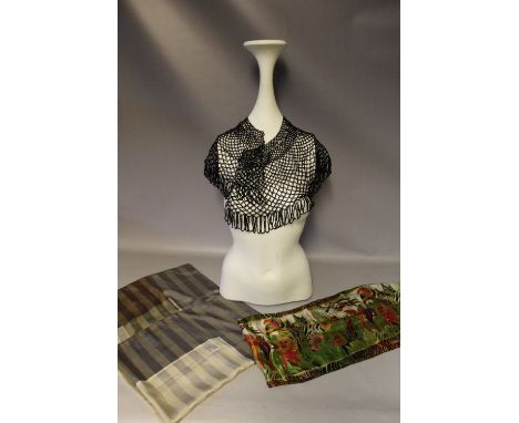 A LATE 19TH / EARLY 20TH CENTURY BEADWORK COLLAR, possibly jet, together with a vintage Cornelia James scarf and a later silk