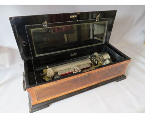 A LARGE SWISS MUSICAL BOX IN A ROSEWOOD INLAID CASE BY MERMOD, playing an assortment of airs, with handle, twin carry handles