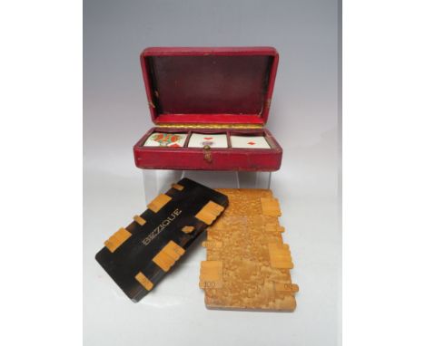 LATE 19TH / EARLY 20TH CENTURY BEZIQUE MARKER AND PLAYING CARD SET, comprising one ebonised and one burr walnut marker, the p
