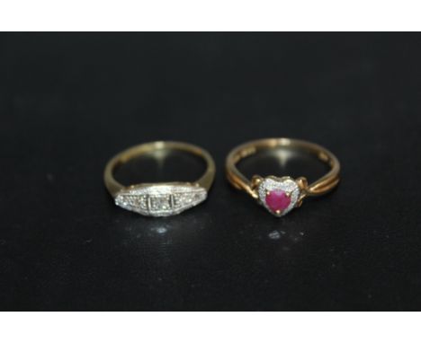 AN 18CT GOLD DIAMOND CLUSTER RING, approx weight 2.1g ring size M, together with a 9 carat gold heart shaped ruby and diamond