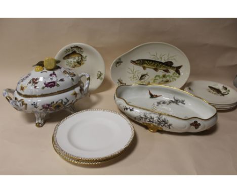 A H &amp; CO. VERMONT FRERES LARGE FOOTED BOWL, hand decorated with butterflies and birds, together with a hand painted lidde