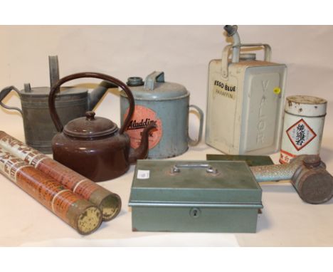 A COLLECTION OF VINTAGE ENAMELLED ITEMS, to include two Radium fire extinguishers, an Esso Blue paraffin can, an Aladdin pink