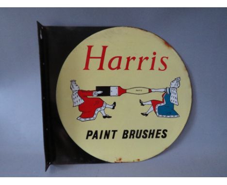 A VINTAGE DOUBLE SIDED ENAMEL ADVERTISING SIGN FOR HARRIS PAINT BRUSHES, W 41 cm, H 38.5 cm, D 4cm (bracket depth)