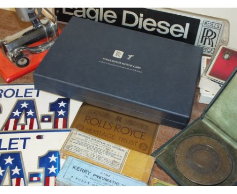 A COLLECTION OF VINTAGE ROLLS ROYCE AND OTHER MOTORING MEMORABILIA, to include a Rolls Royce Eagle Diesel sign, a 1966 bespok