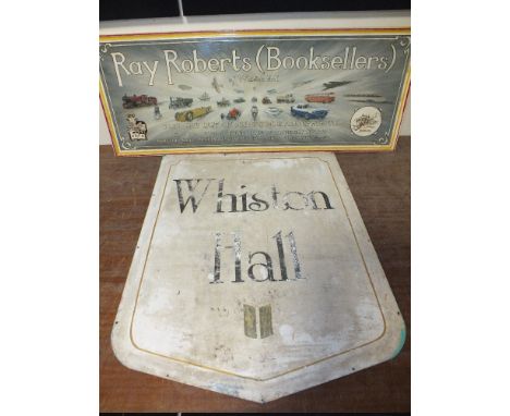 A HANDPAINTED VINTAGE RETAIL / SHOP SIGN FOR RAY ROBERTS (BOOKSELLERS) OF WHISTON HALL, overall  38.5 x 101 cm, together with