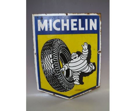 A VINTAGE ENAMELLED SIGN FOR MICHELIN TYRES, pennant shaped, lower marked H/50/2, H 42 cm, W 32 cm