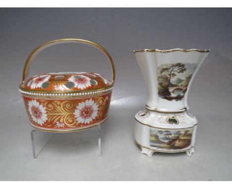 A SPODE PORCELAIN POT POURRI BASKET AND COVER, pattern no 878, Dia. 16 cm, together with an unusual Spode vase and stand, cir