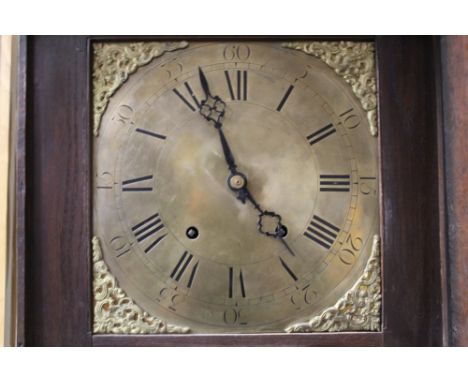 A 19TH CENTURY OAK BRASS FACED LONGCASE CLOCK, the 11" brass dial with eight day movement, Roman and Arabic numerals to the d