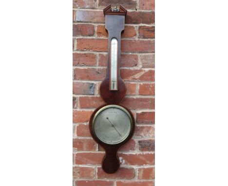 A NINETEENTH CENTURY MAHOGANY AND SATINWOOD INLAID ANEROID BAROMETER BY 'BROGGI - CHELMSFORD', H 98 cm