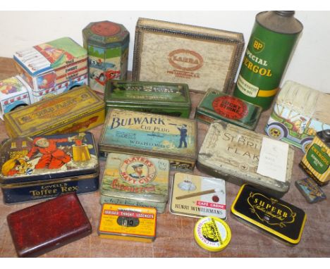 ADVERTISING INTEREST: A quantity of mainly vintage collectable tins, to include BP Special Energol Motor Oil, Players Navy Cu