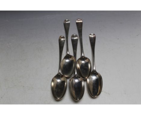 A COLLECTION OF FIVE EARLY HALLMARKED SILVER SPOONS WITH CREST OF A BIRD PERCHED ON A BUGLE, to include a Thomas and William 