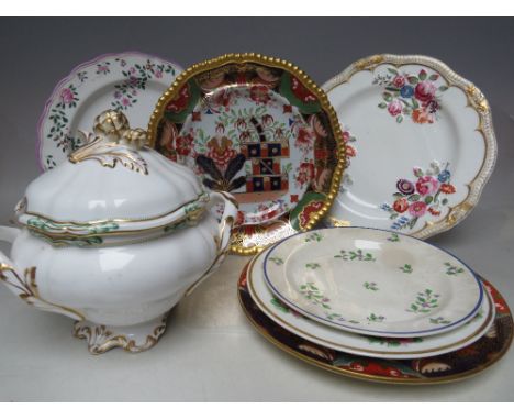 A COLLECTION OF NINETEENTH CENTURY COPELAND AND SPODE CERAMICS, to include a Copeland gilt decorated bowl and cover, some dam