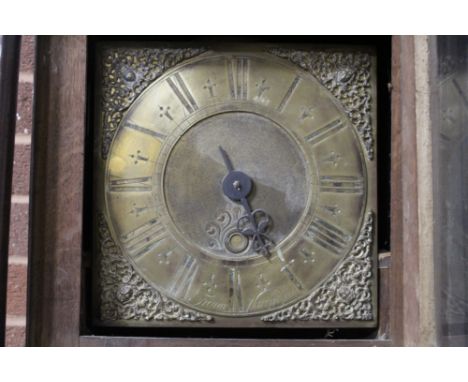 AN EARLY NINETEENTH CENTURY OAK 30 HOUR BRASS FACED LONGCASE CLOCK, France - Warrington, the 11" brass dial with single finge