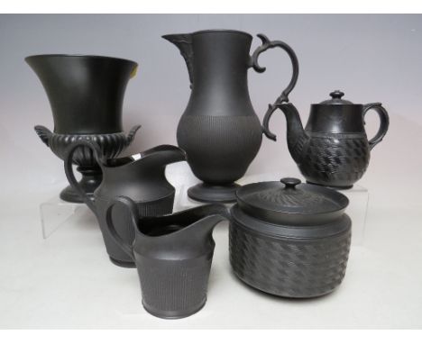 A SPODE BLACK BASALT SMALL TEA POT, some damage, together with a further selection of Spode black basalt, including an exampl